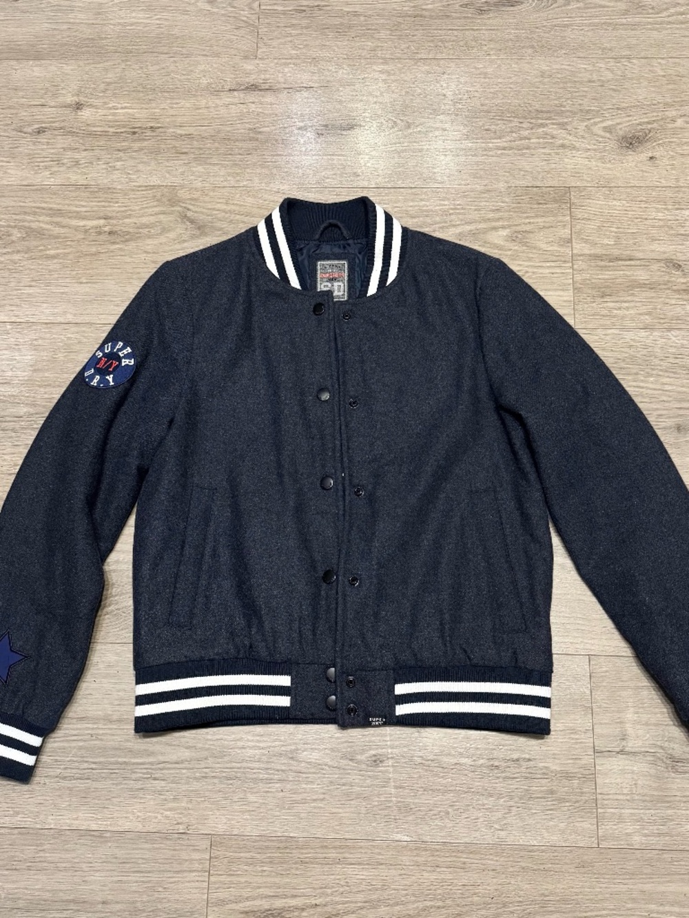 Superdry Boutique Varsity Bomber Jacket Mens Small Size Navy Blue/Charcoal